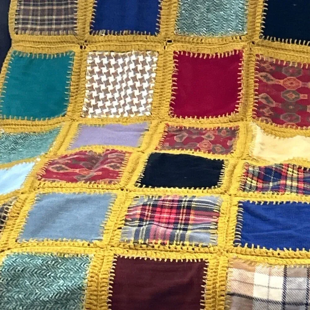 Vintage Handmade‎ Patchwork Crochet Blanket Throw Afghan Multi Color Square Knit